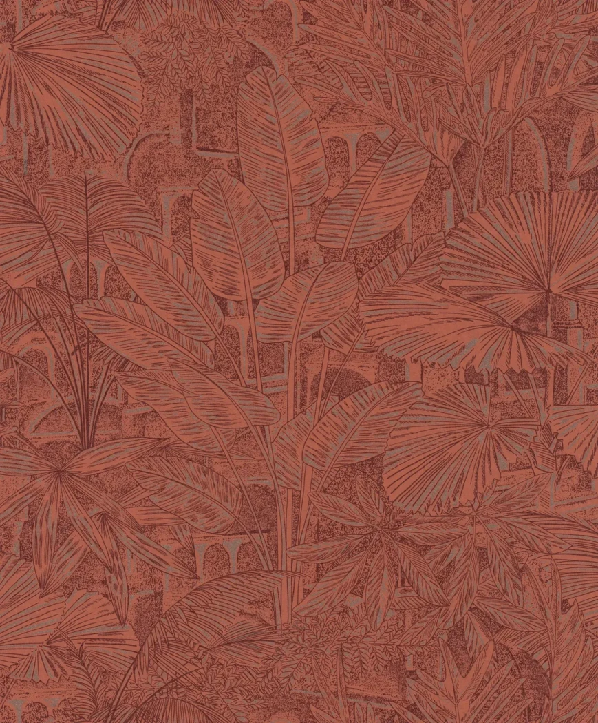 Wallpaper Scarlet, brick red banana leaves on textured ground