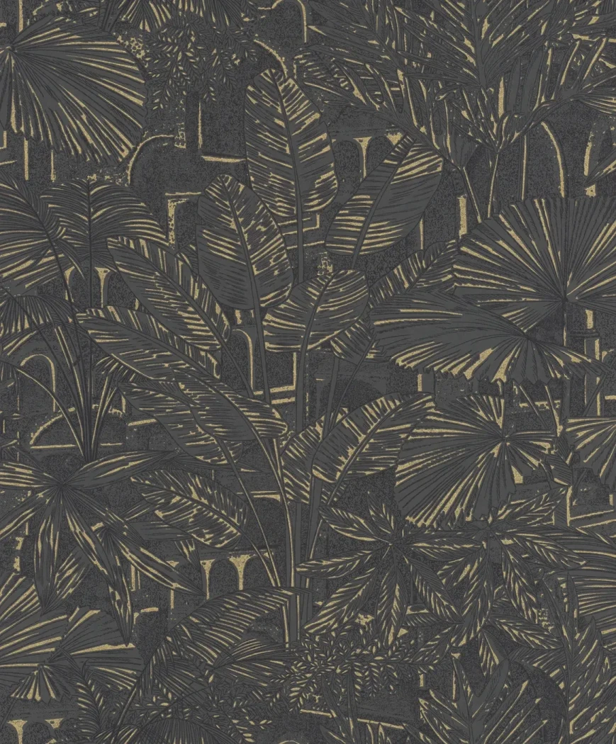 Wallpaper Deep Concrete, gold palm leaves on charcoal ground