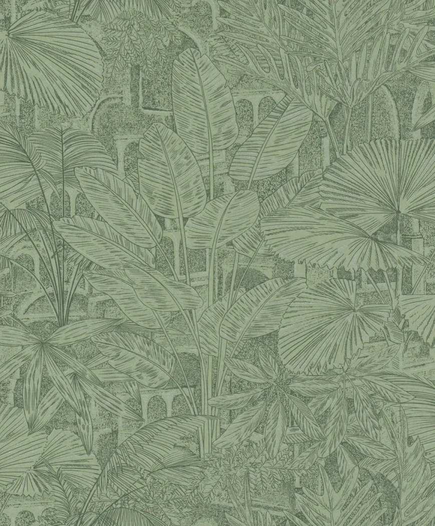 Wallpaper Forest, tone-on-tone green banana and palm leaves
