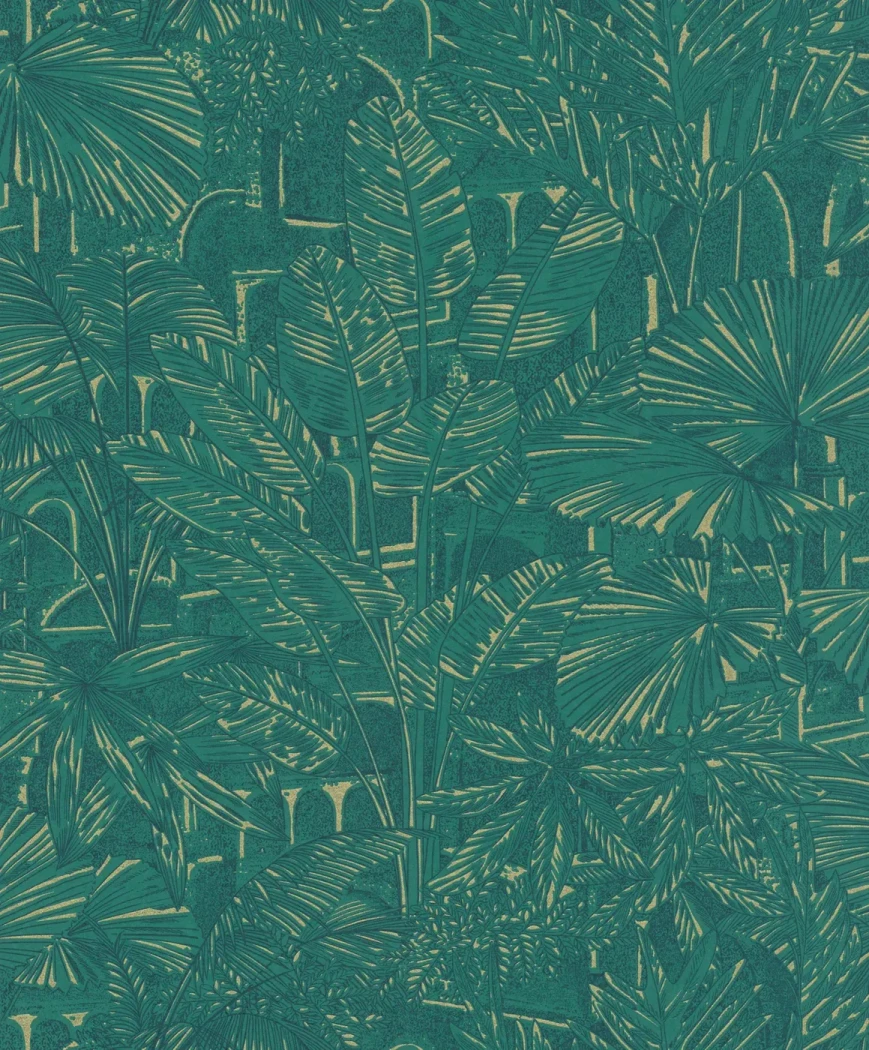 Wallpaper Deep Abyss, gold-veined tropical foliage on deep blue-green
