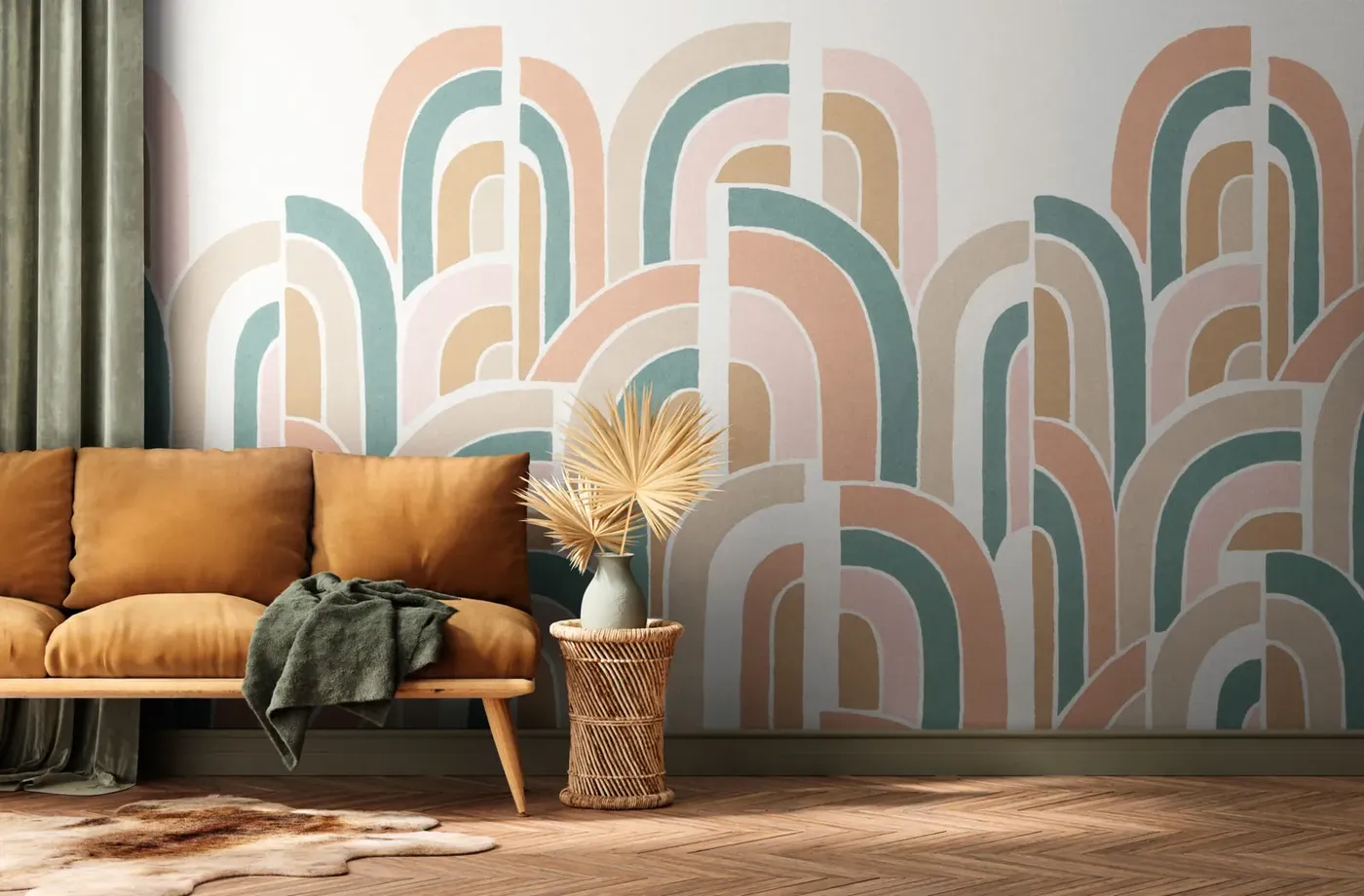 Wallpaper Veiled Ecru arches behind a mustard sofa