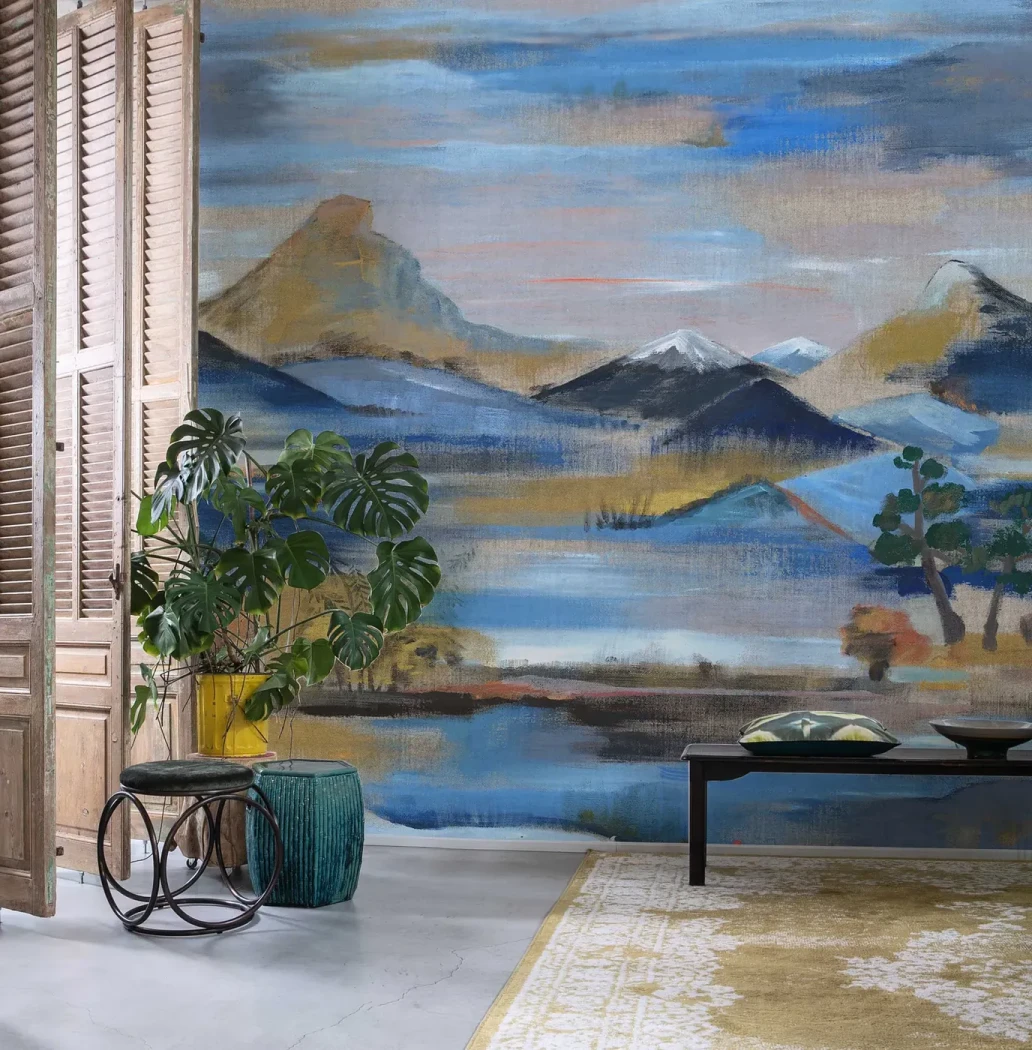 Wallpaper Dark Gravel mural, painted mountains reflected in a lake