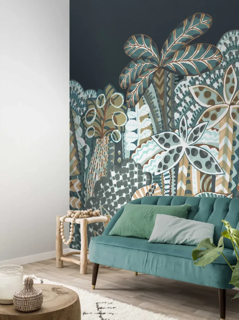 Wallpaper Dark Basalt, jungle mural on midnight blue