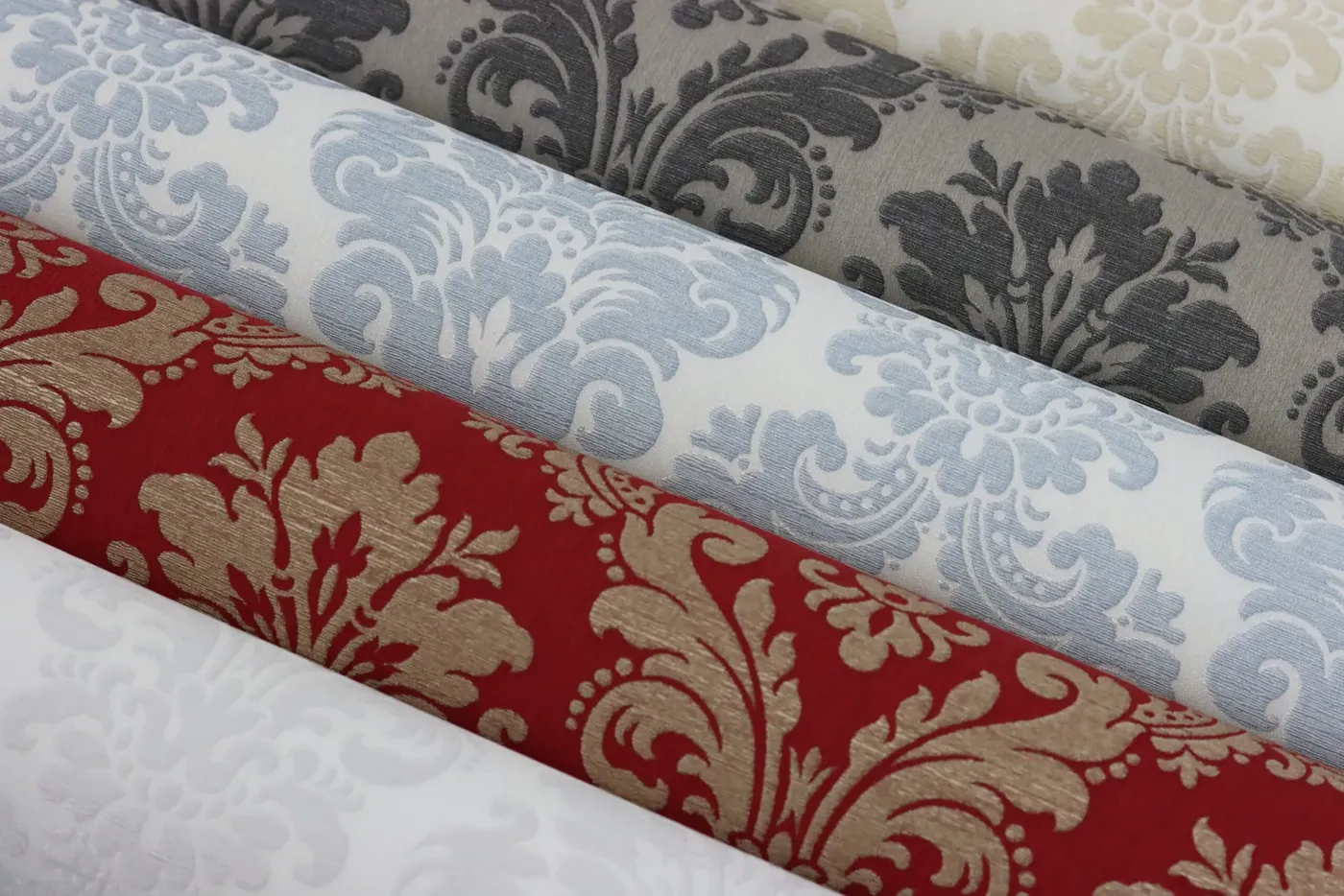 Wallpaper Redcurrant, raised gold floral damask on deep red
