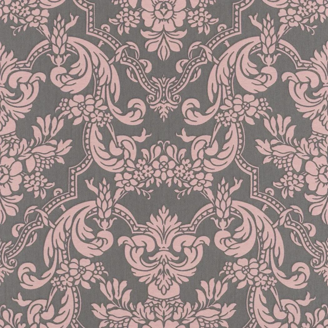 Wallpaper Misty Lead, pink medallions on anthracite grey