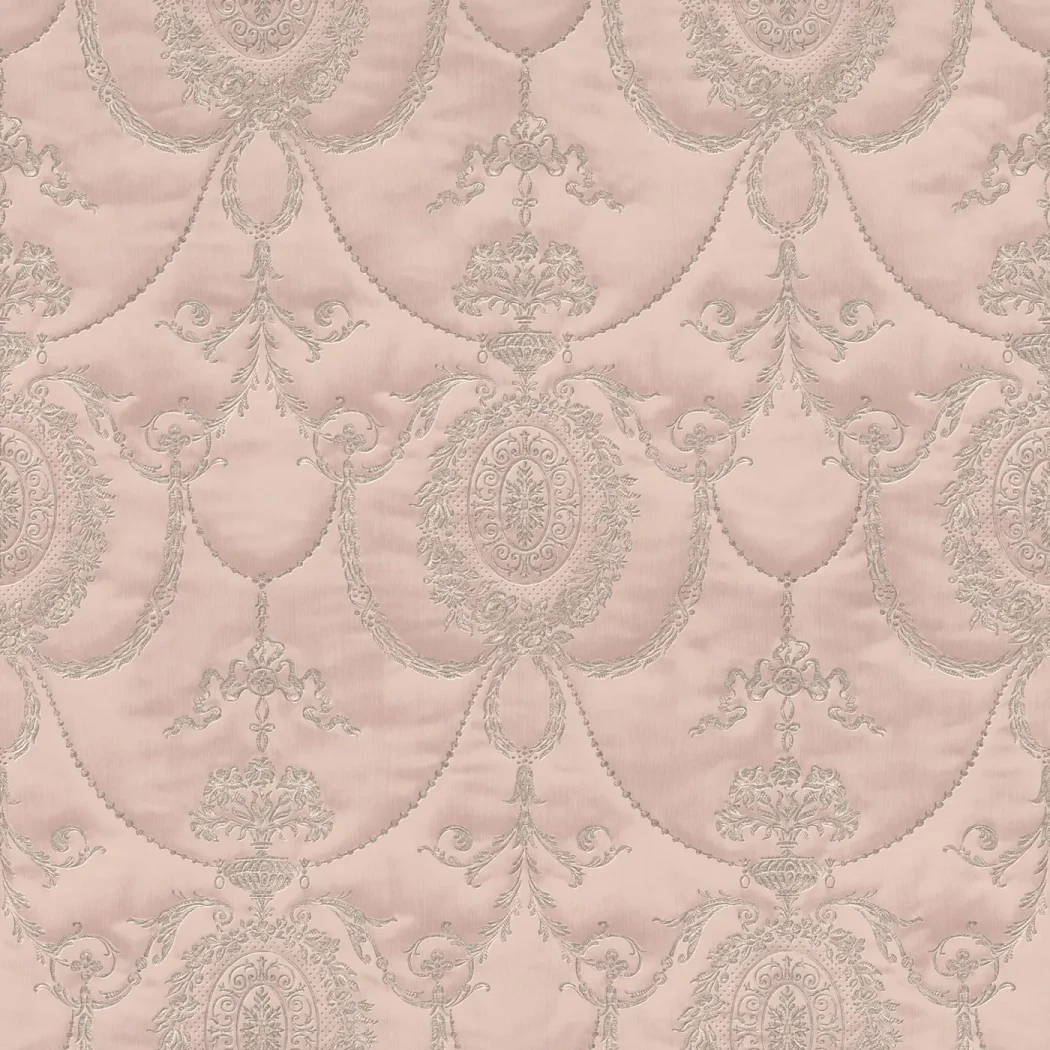 Wallpaper Adobe, powder-pink floral medallions with silver highlights
