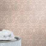 Wallpaper Adobe, powder-pink floral medallions with silver highlights
