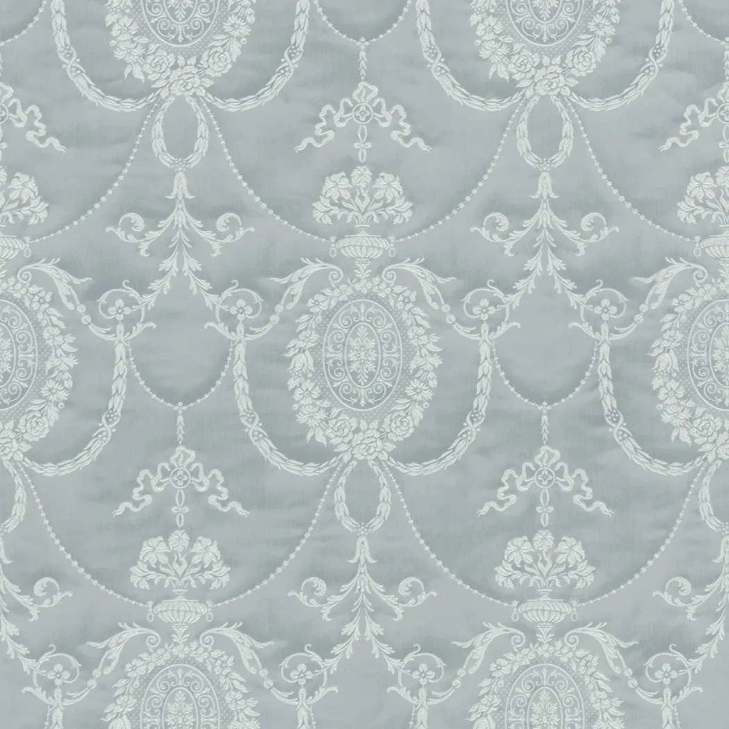 Wallpaper Soft Pewter, silver floral medallions on pearl grey