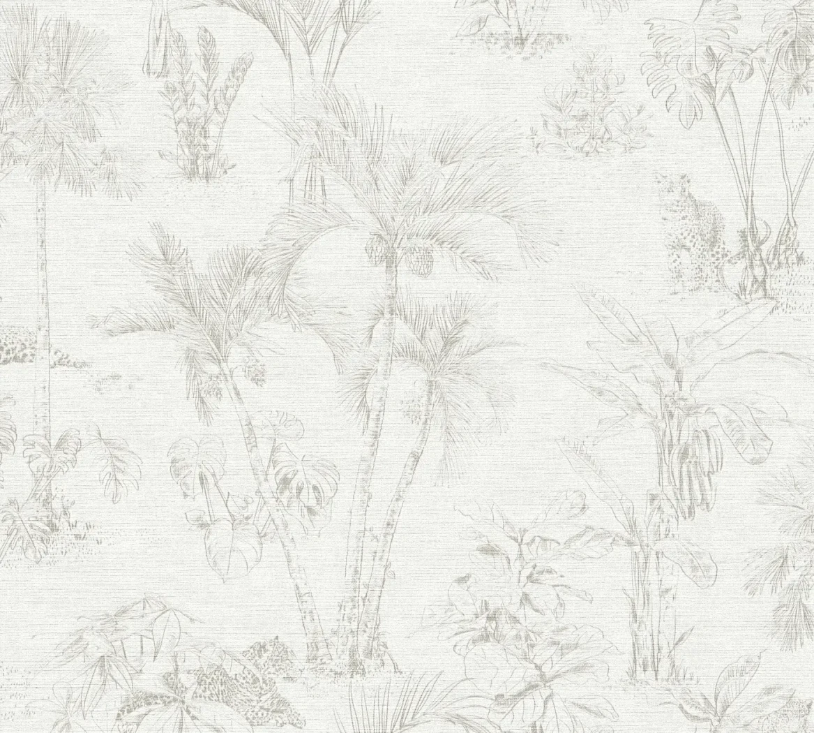 Wallpaper Light Mercury mural, grey tropical palms and leopard on ecru