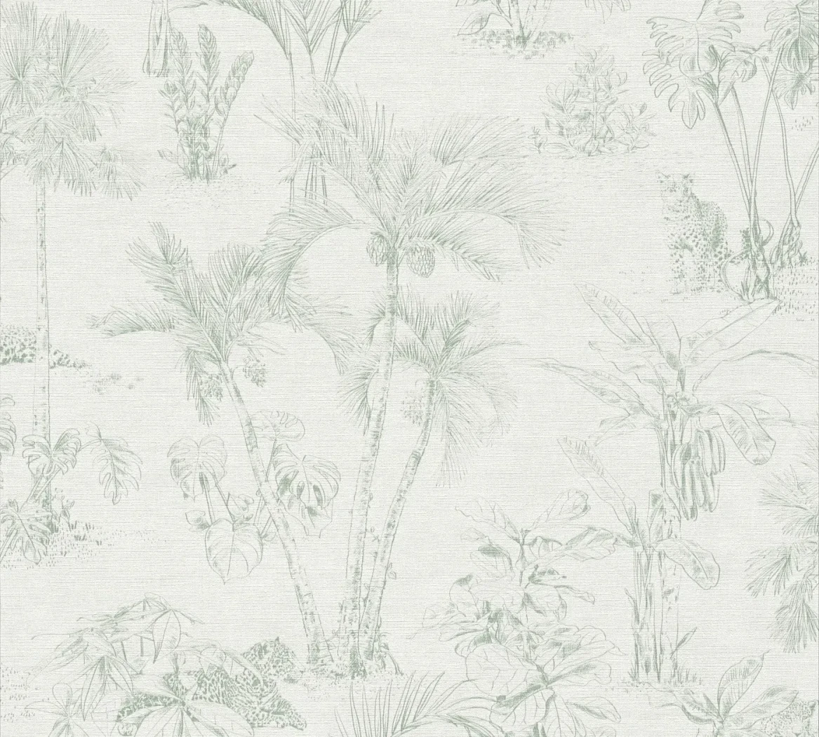 Wallpaper Pale Zinc, line-drawn palms and leopards on pale ground