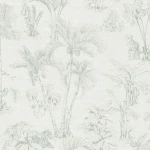 Wallpaper Pale Zinc, line-drawn palms and leopards on pale ground