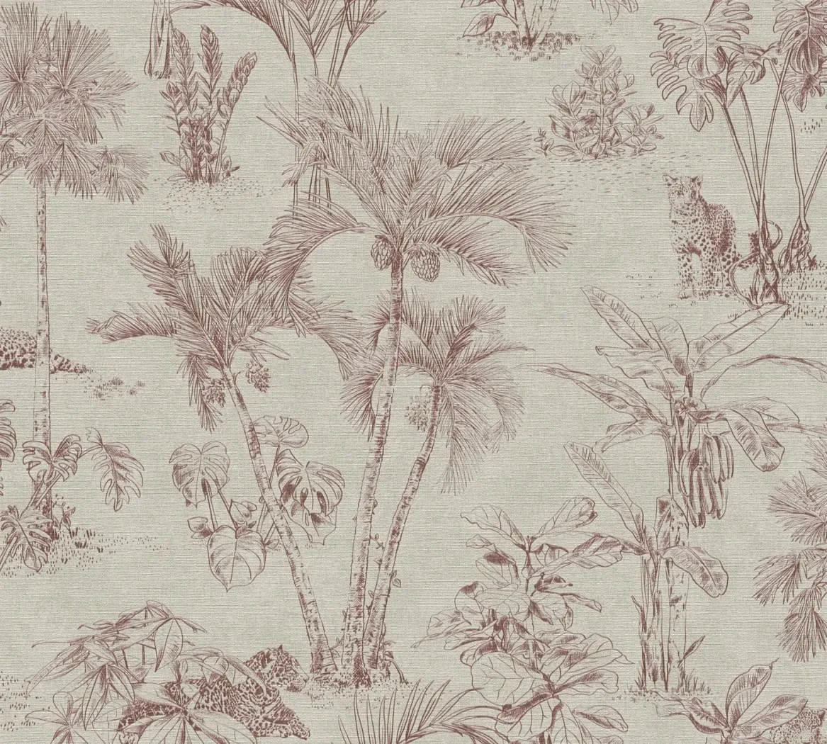 Wallpaper Veiled Reed, terracotta palms and leopards on linen beige