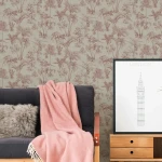 Wallpaper Veiled Reed, terracotta palms and leopards on linen beige