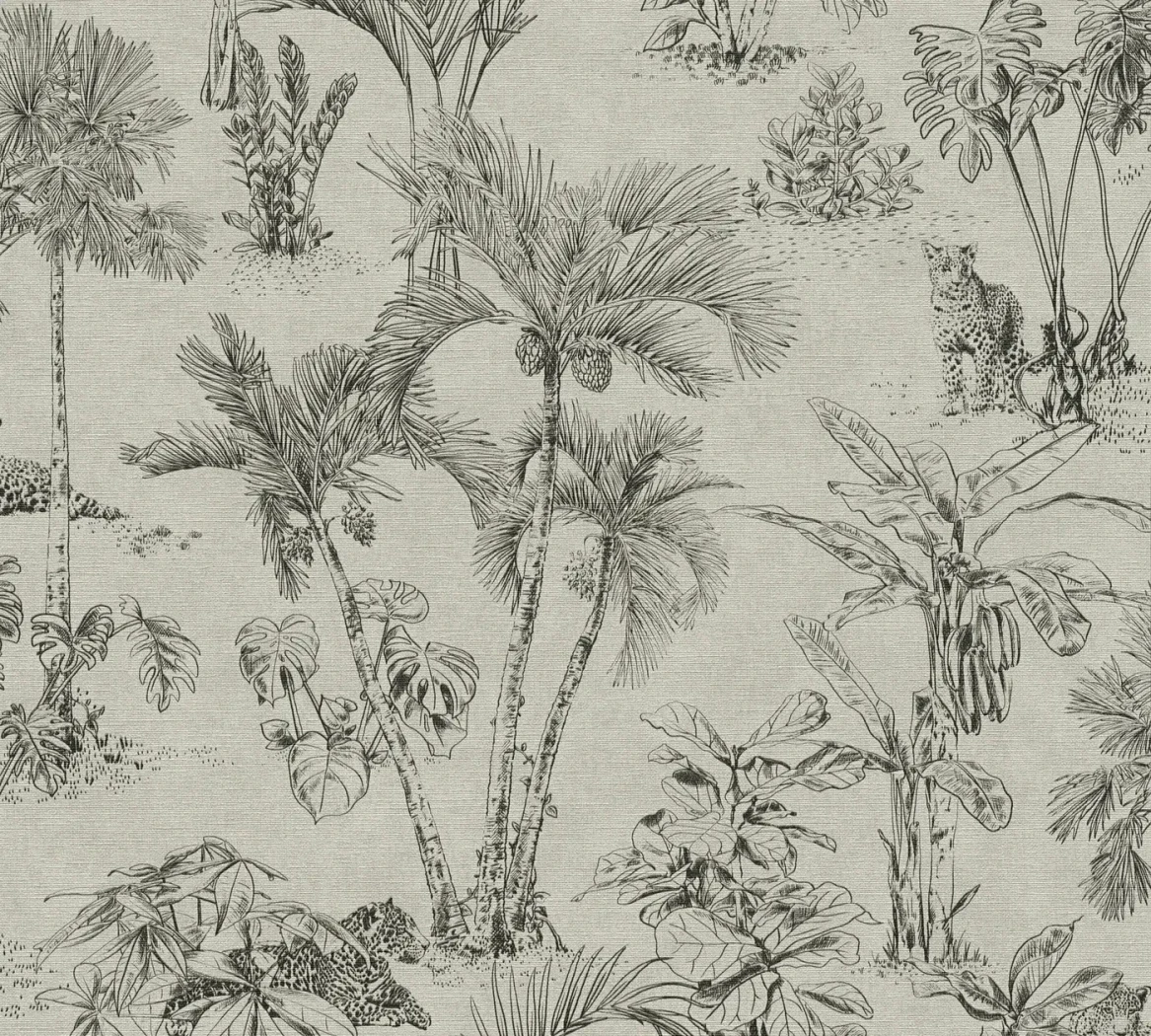 Wallpaper Veiled Stone, ink-drawn jungle mural with palms and leopards