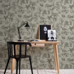 Wallpaper Veiled Stone, ink-drawn jungle mural with palms and leopards