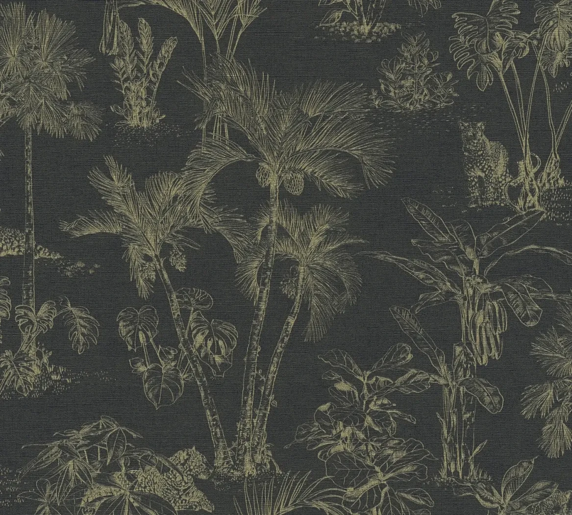 Wallpaper Deep Schist mural, gold tropical palms and leopard on charcoal