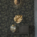 Wallpaper Deep Schist mural, gold tropical palms and leopard on charcoal