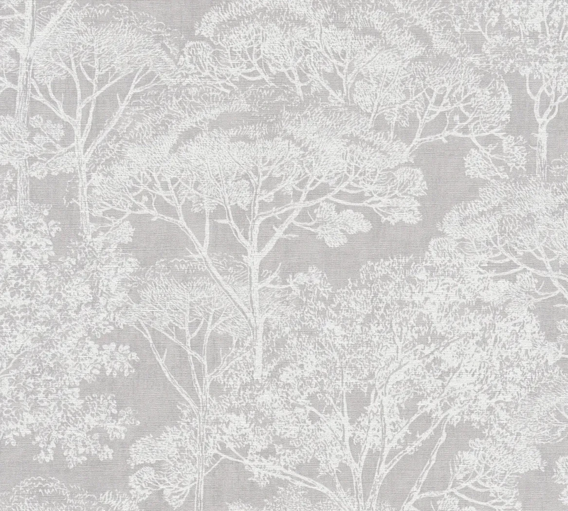 Wallpaper Pale Soot, white tree silhouettes on grey