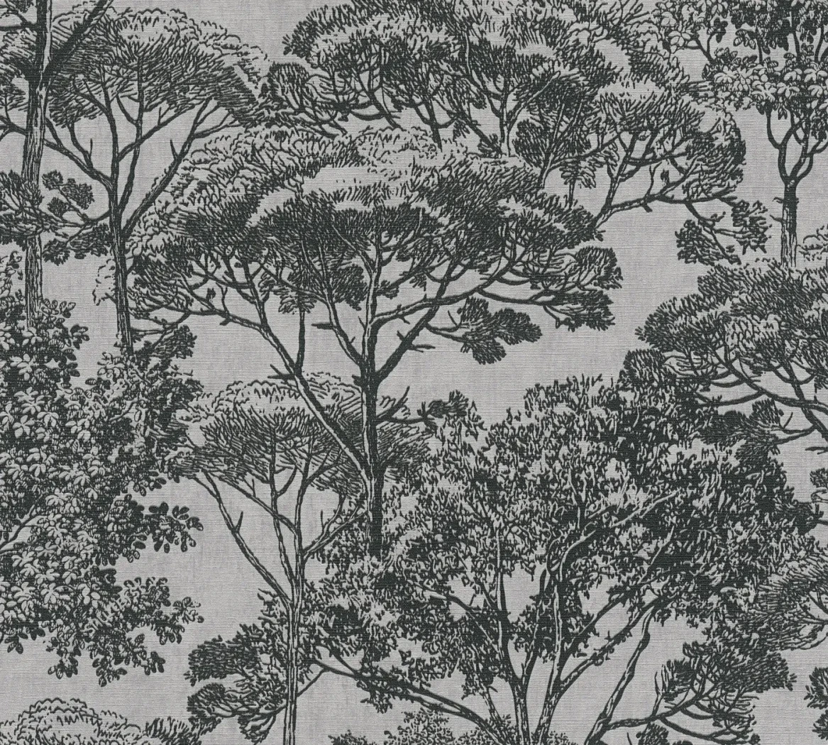 Wallpaper Soft Mist, black engraved treetops on light grey