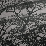 Wallpaper Soft Mist, black engraved treetops on light grey