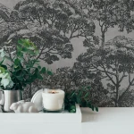 Wallpaper Soft Mist, black engraved treetops on light grey
