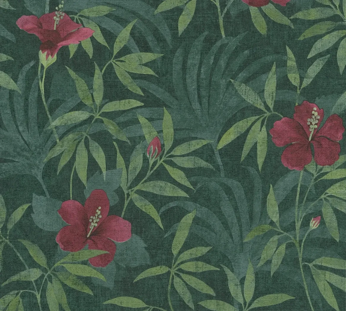 Wallpaper Juniper, red hibiscus and palm leaves on deep green