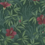 Wallpaper Juniper, red hibiscus and palm leaves on deep green
