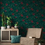 Wallpaper Juniper, red hibiscus and palm leaves on deep green