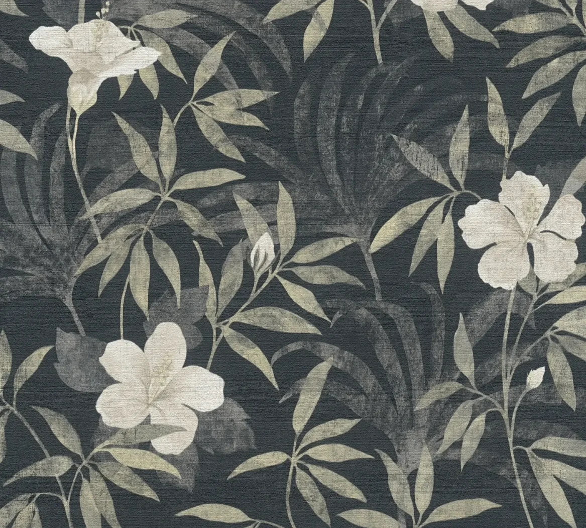 Wallpaper Soft Drizzle, cream hibiscus and foliage on charcoal grey