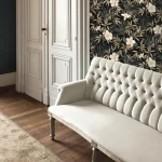 Wallpaper Soft Drizzle, cream hibiscus and foliage on charcoal grey