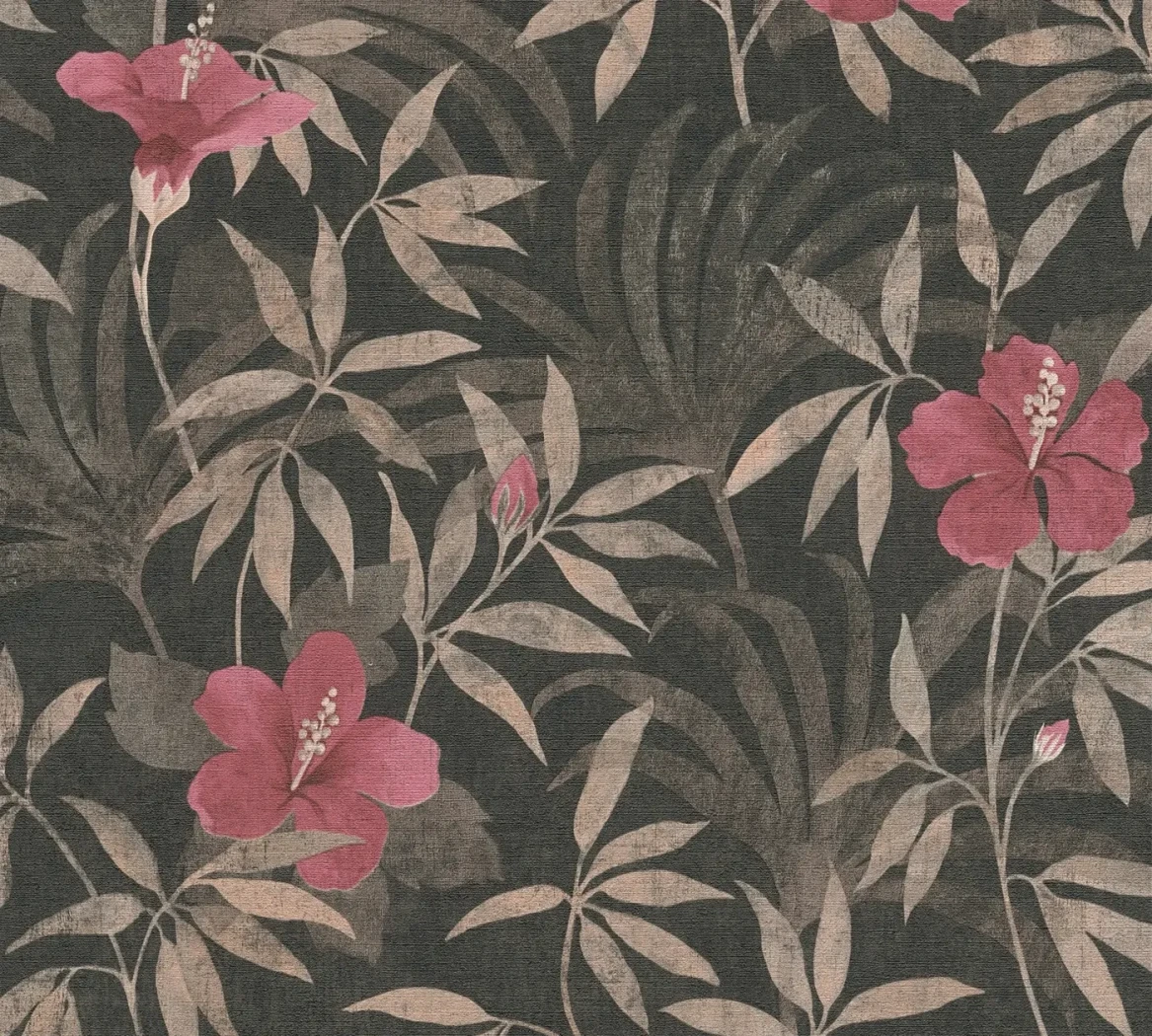 Wallpaper Ash Smoke, hibiscus and foliage on anthracite
