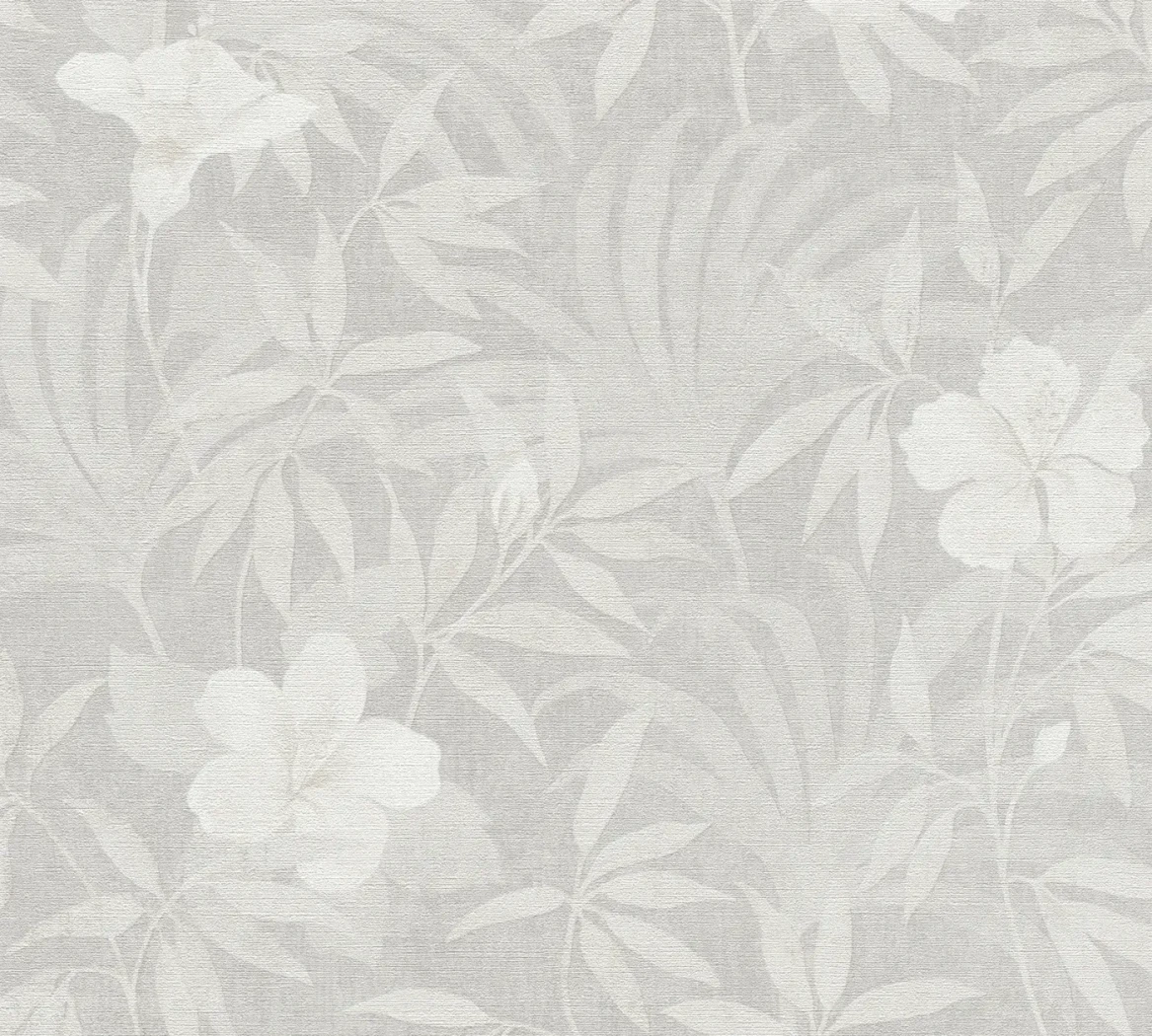 Wallpaper Frosted Pearl, white flowers among light-grey tropical leaves
