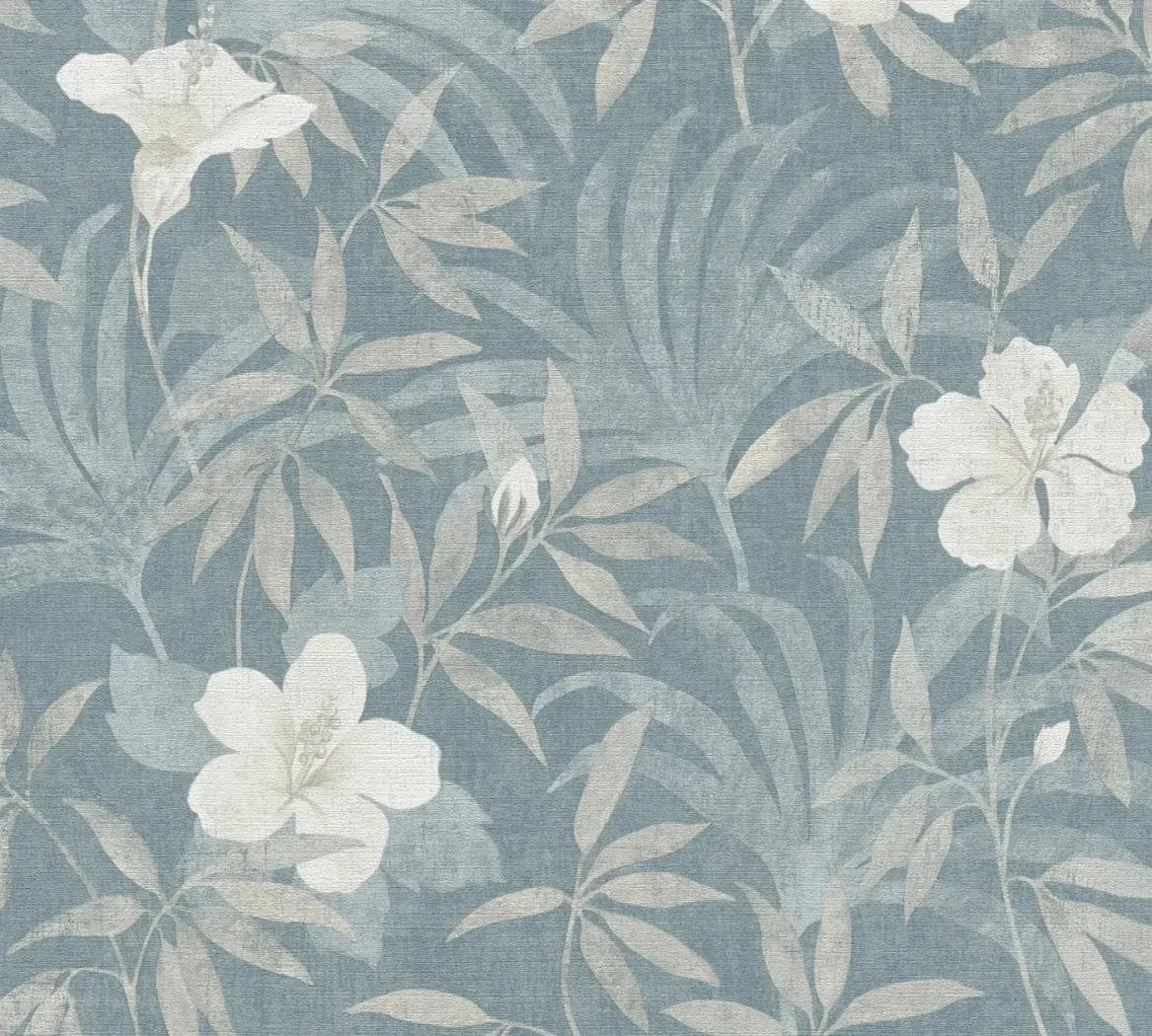 Wallpaper Veiled Gravel, ivory hibiscus on blue-grey ground