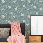 Wallpaper Veiled Gravel, ivory hibiscus on blue-grey ground