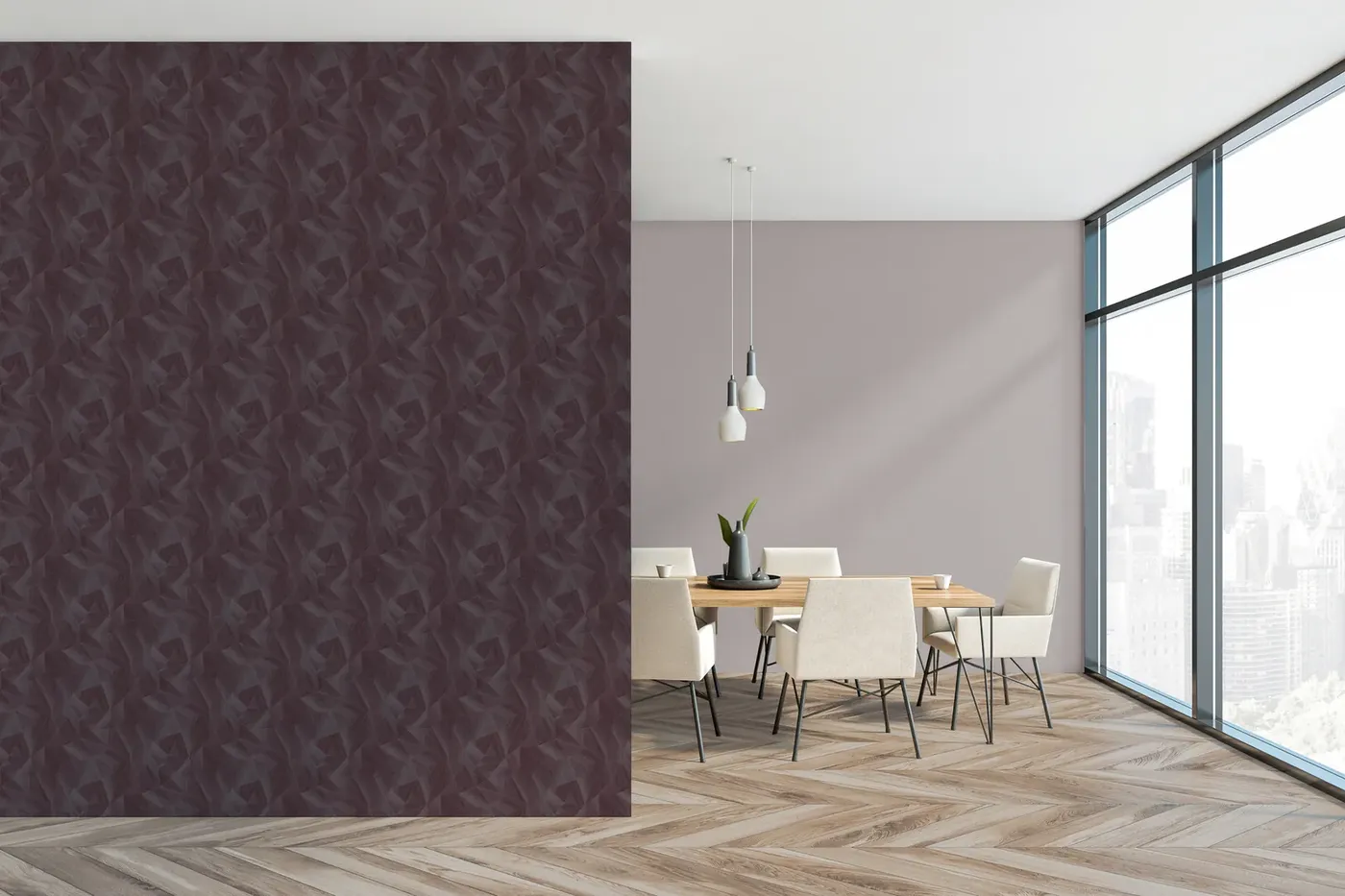 Wallpaper Deep Silver, crumpled mauve texture on a dining room wall