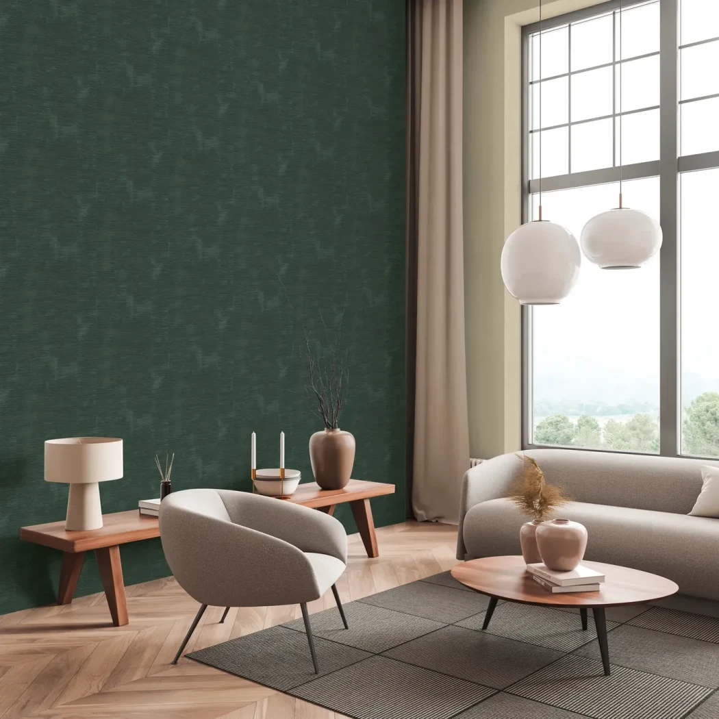 Wallpaper Prairie, deep green moiré on a living room wall