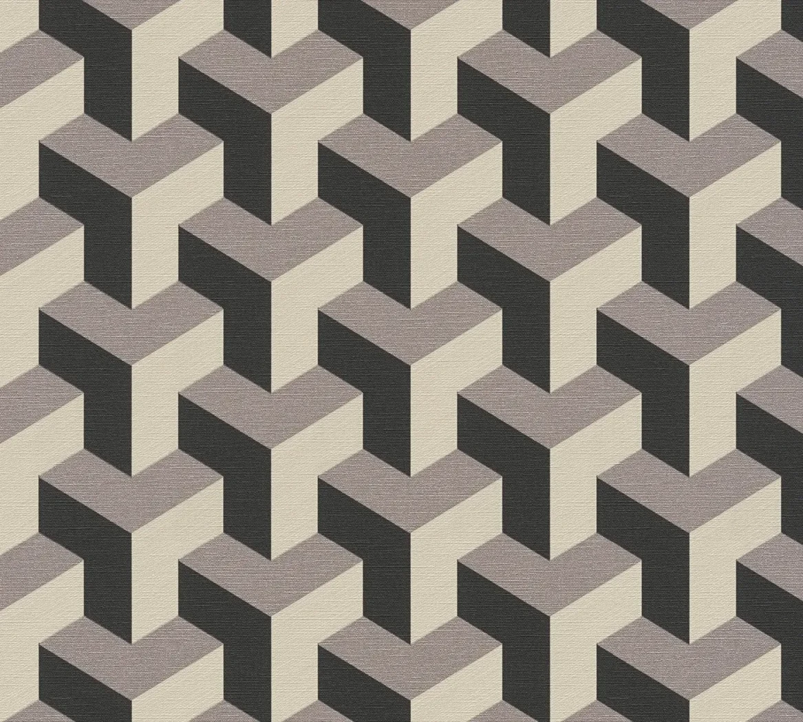 Wallpaper Dark Slate, grey, black and ecru 3D cube pattern