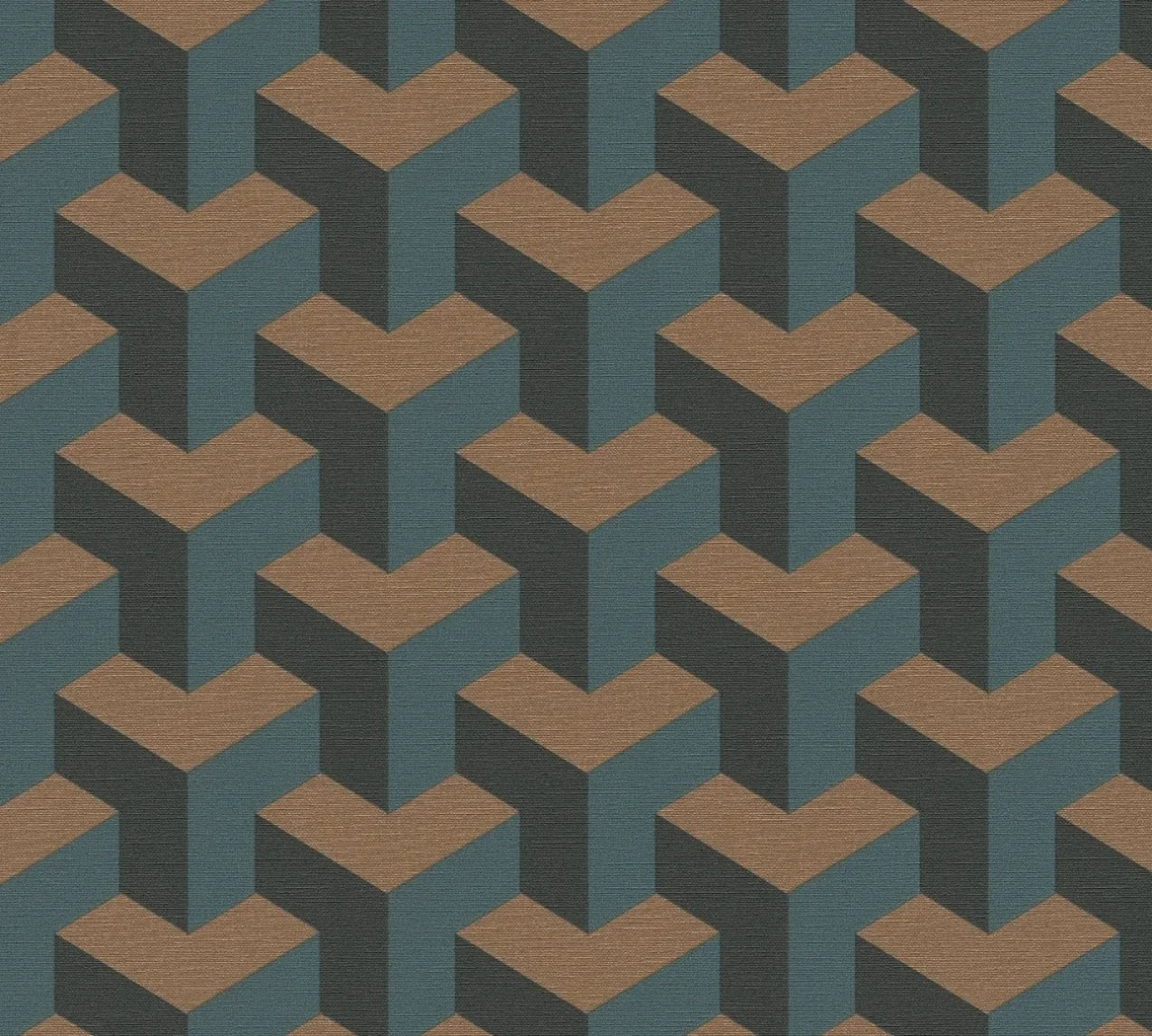 Wallpaper Deep Lava, petrol blue and cognac 3D cube chevrons