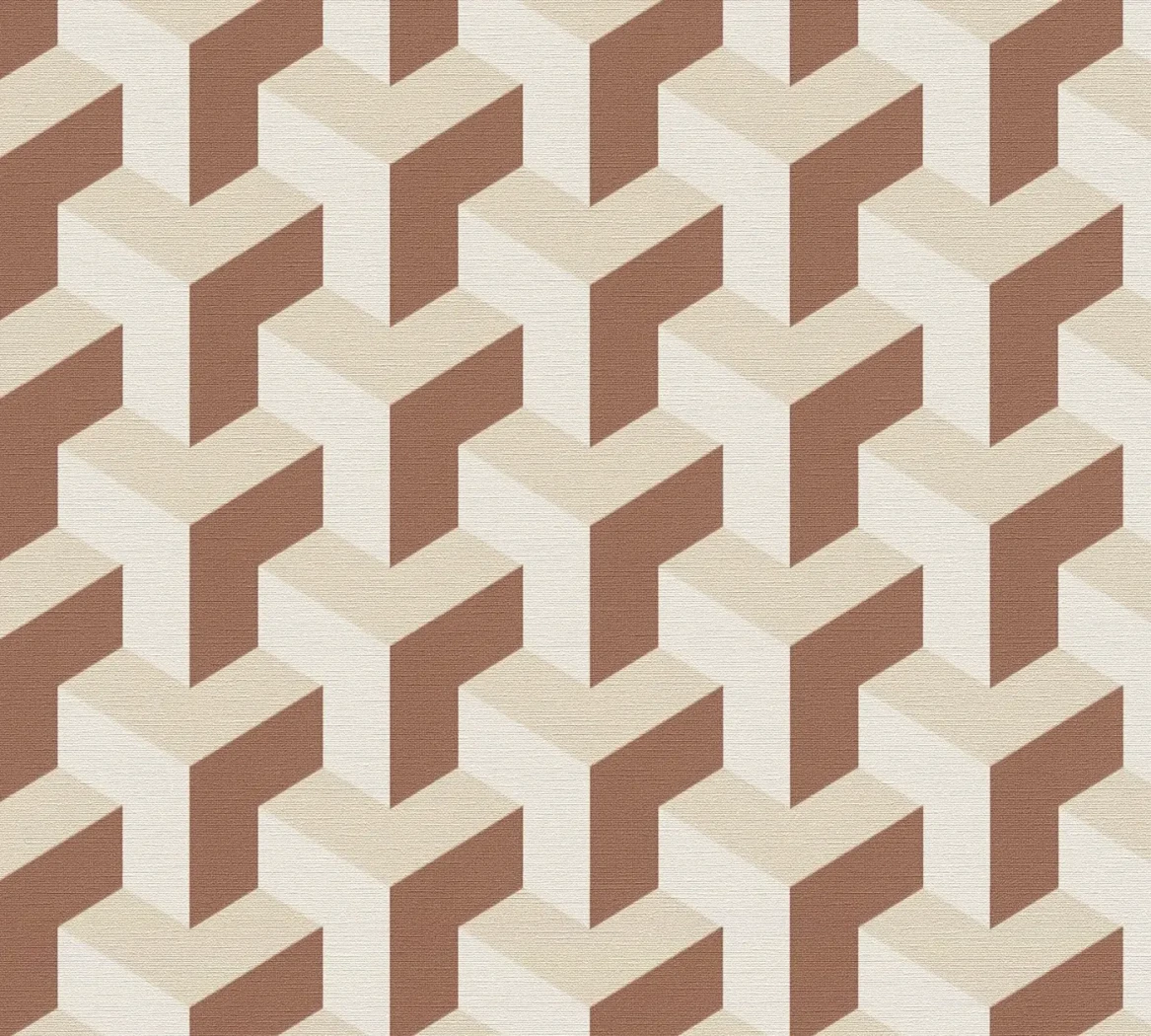 Wallpaper Pale Silver, terracotta and ecru 3D cube pattern