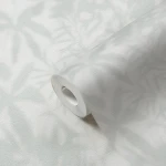 Wallpaper Light Nickel, pale grey tropical leaves on off-white