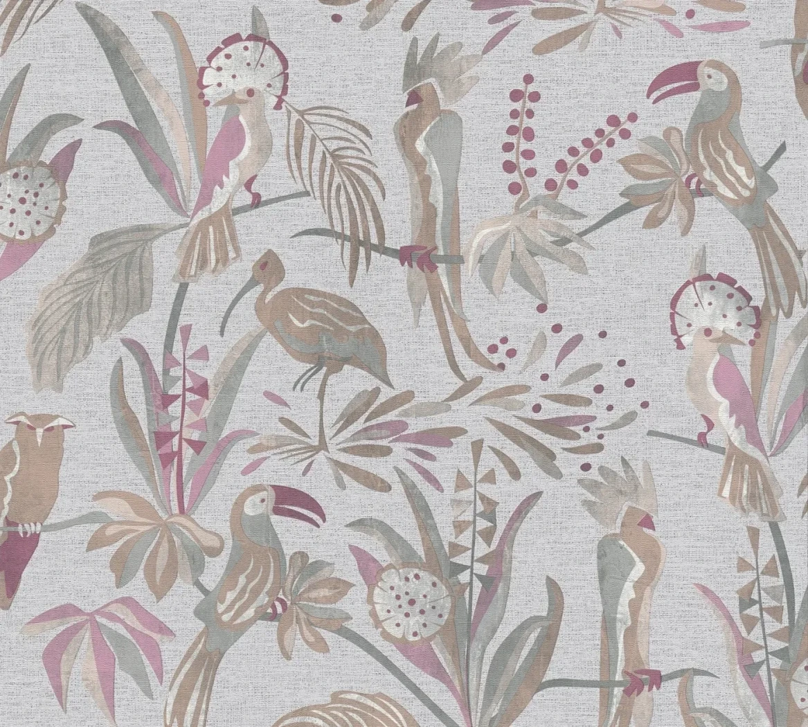 Wallpaper Frosted Chrome, toucans and ibises among leaves on pale grey