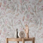 Wallpaper Frosted Chrome, toucans and ibises among leaves on pale grey