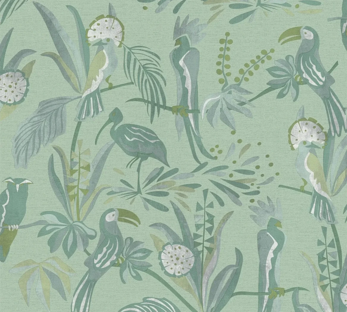 Wallpaper Laurel, tropical birds and foliage on pale green