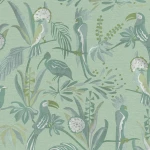 Wallpaper Laurel, tropical birds and foliage on pale green