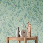 Wallpaper Laurel, tropical birds and foliage on pale green