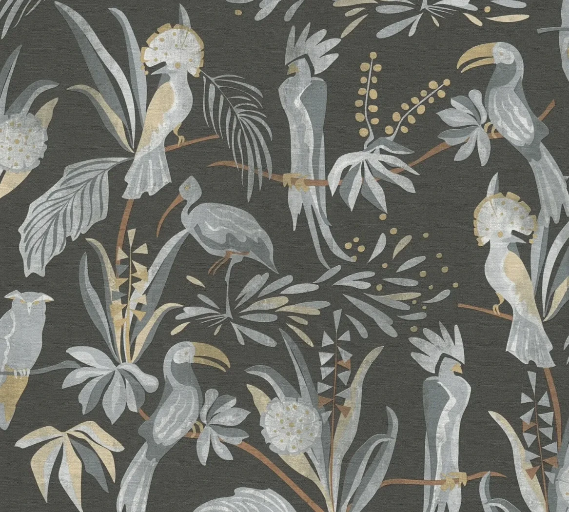 Wallpaper Deep Granite, tropical birds on anthracite with gold accents