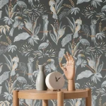 Wallpaper Deep Granite, tropical birds on anthracite with gold accents