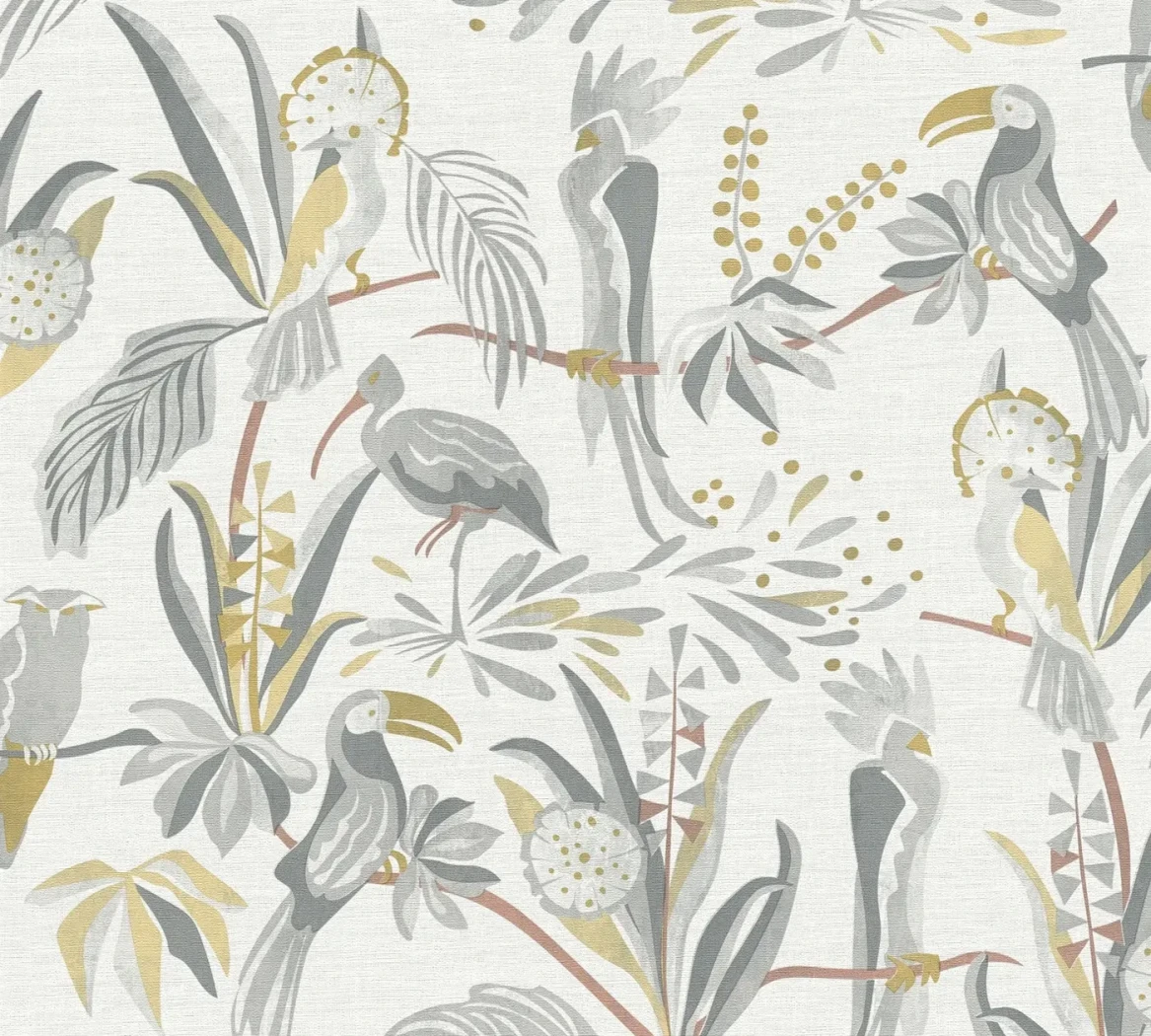 Wallpaper Veiled Silver, grey tropical birds and palms