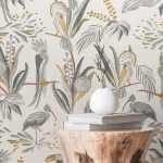 Wallpaper Veiled Silver, grey tropical birds and palms
