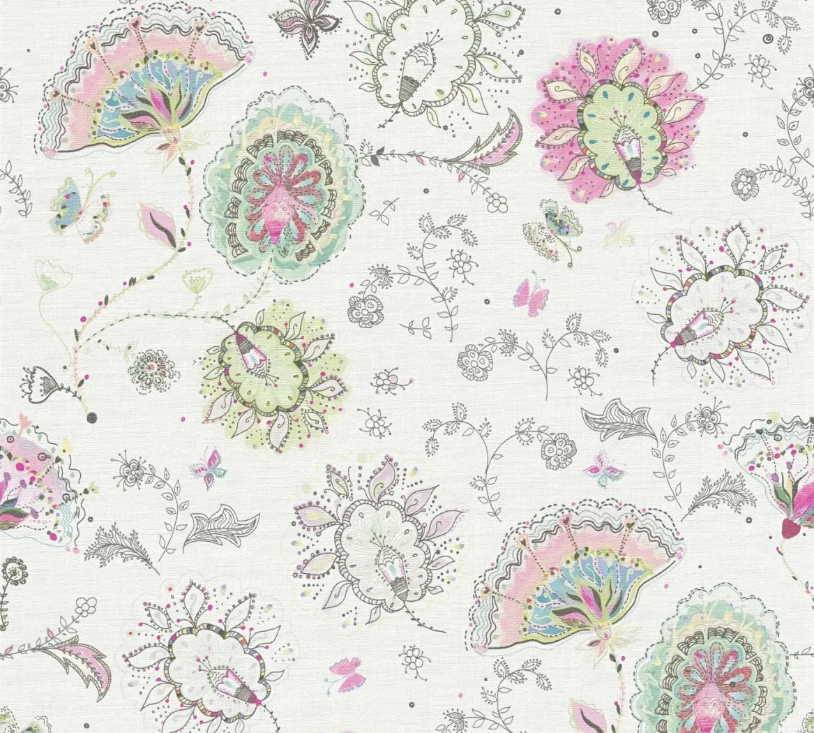 Wallpaper Frosted Drizzle, embroidered-style pastel flowers and butterflies
